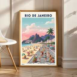 Rio De Janeiro Beaches Poster - Pink & Blue Green Yellow Vintage Beach Art - Retro Travel Print For Living Room Or Office - thumbnail 1
