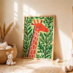 Giraffe Jungle Nursery Art Print, Kids Wall Art, Safari Animal Poster, Bright Green & Orange Playroom Decor - thumbnail 3