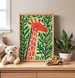 Giraffe Jungle Nursery Art Print, Kids Wall Art, Safari Animal Poster, Bright Green & Orange Playroom Decor - thumbnail 1
