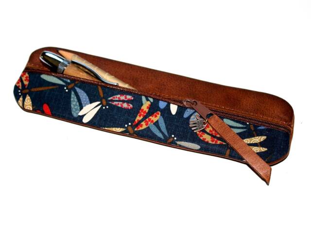 Leather Pencil Case, Brown Fabric, Colorful Dragonflies, Tombo Design Japan Case For 14 Pencils Handmade Elegant Gift Unique Item - image 1