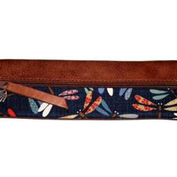 Leather Pencil Case, Brown Fabric, Colorful Dragonflies, Tombo Design Japan Case For 14 Pencils Handmade Elegant Gift Unique Item - thumbnail 3