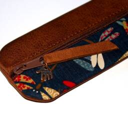 Leather Pencil Case, Brown Fabric, Colorful Dragonflies, Tombo Design Japan Case For 14 Pencils Handmade Elegant Gift Unique Item - thumbnail 2