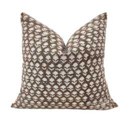 Floral Block Print Pillow Cover Brown Cotton Farmhouse Decor - thumbnail 1