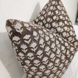 Floral Block Print Pillow Cover Brown Cotton Farmhouse Decor - thumbnail 2