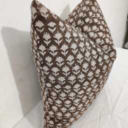 Floral Block Print Pillow Cover Brown Cotton Farmhouse Decor - thumbnail 3