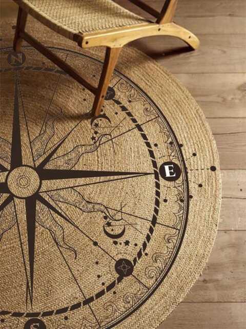 Handmade Jute Round Area Rug Nautical Compass Design, Rustic Boho Decor - image 1