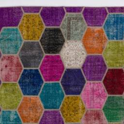 Multicolor Turkish Patchwork Rug Hand-Knotted Wool, Bee Hive Design - 6'9 - thumbnail 3