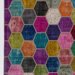 Multicolor Turkish Patchwork Rug Hand-Knotted Wool, Bee Hive Design - 6'9 - thumbnail 4