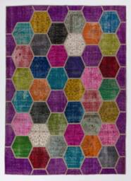 Multicolor Turkish Patchwork Rug Hand-Knotted Wool, Bee Hive Design - 6'9 - thumbnail 1