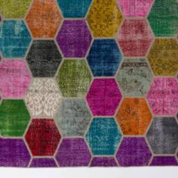 Multicolor Turkish Patchwork Rug Hand-Knotted Wool, Bee Hive Design - 6'9 - thumbnail 2