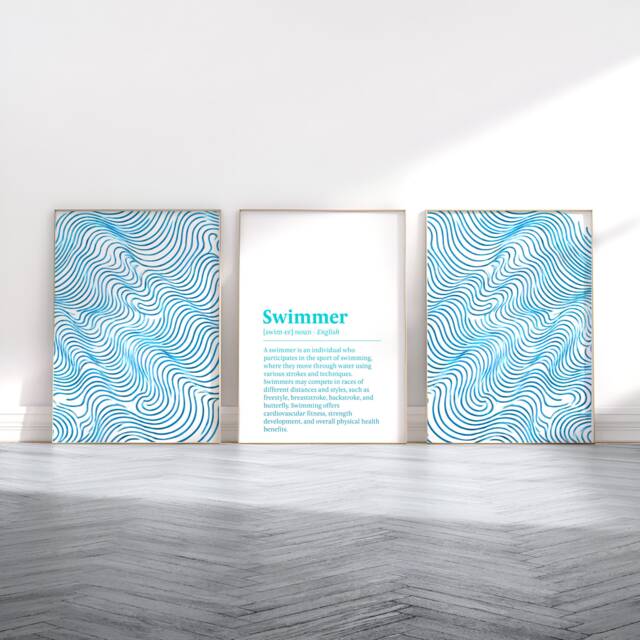 Swimming Print Set - 3 Posters - Gift For Swimmer Abstract Swim Art Pool Wall Artwork Minimalist Definition Prints Blue - image 1