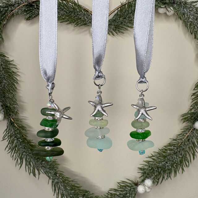 Handmade Stacked Sea Glass Christmas Tree Decoration, Starfish Charm - image 1