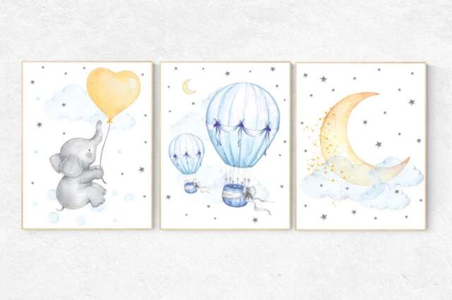 Elephant Hot Air Balloon Nursery Print Moon & Stars Wall Art - image 1