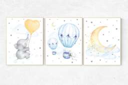 Elephant Hot Air Balloon Nursery Print Moon & Stars Wall Art - thumbnail 1