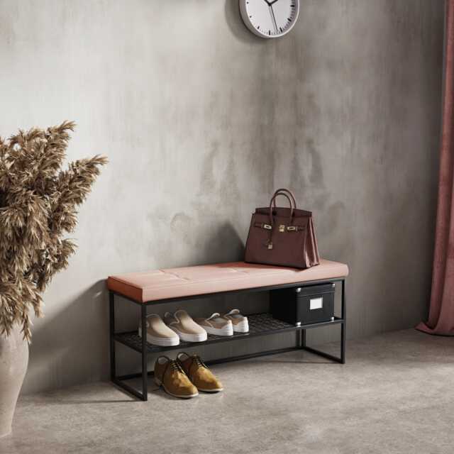 Metal Bench For Home With Quilted Seat, Storage & Shoe Shelves - Industrial Pouf Stool Kludo Handmade Various Sizes - image 1