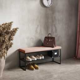 Metal Bench For Home With Quilted Seat, Storage & Shoe Shelves - Industrial Pouf Stool Kludo Handmade Various Sizes