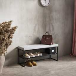 Metal Bench For Home With Quilted Seat, Storage & Shoe Shelves - Industrial Pouf Stool Kludo Handmade Various Sizes - thumbnail 2