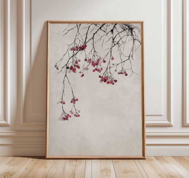 Japanese Minimalist Branch Poster, Red Berry Art Print, Zen Nature Wall Art, Ink Wash Painting Style, Tranquil Decor - image 1