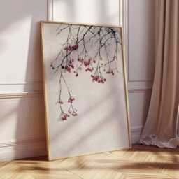 Japanese Minimalist Branch Poster, Red Berry Art Print, Zen Nature Wall Art, Ink Wash Painting Style, Tranquil Decor - thumbnail 2
