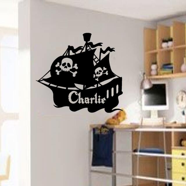 Personalised Pirate Ship Vinyl Wall Stickers, Custom Kids Name Decal Boy Bedroom Decor - image 1