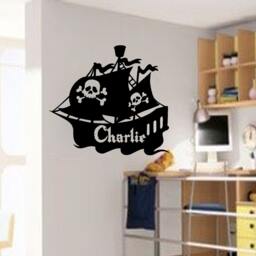 Personalised Pirate Ship Vinyl Wall Stickers, Custom Kids Name Decal Boy Bedroom Decor