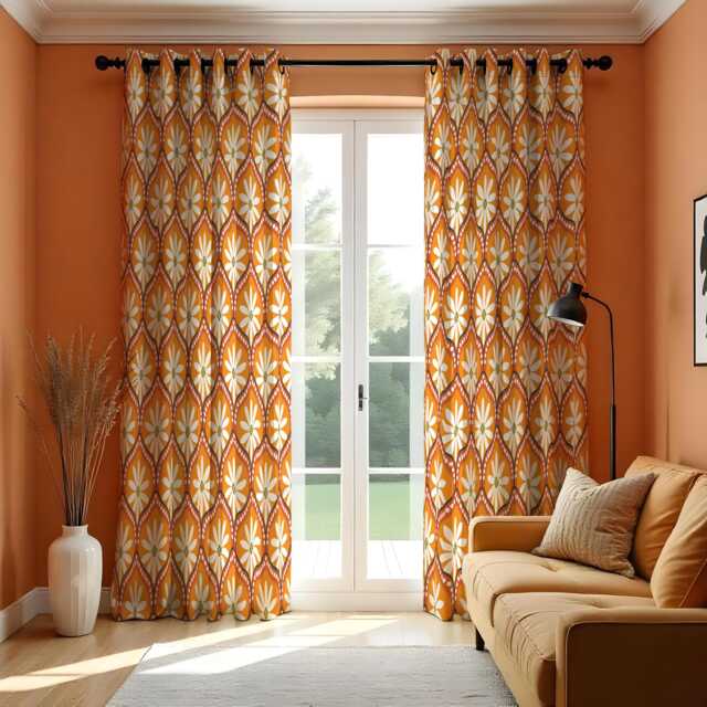 Orange Retro Floral Curtains, 70S Mid Century Modern Daisy Pattern Drapes, Burnt & Mustard Flower Window Panels - image 1