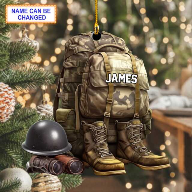 Custom Name Military Uniform Boots & Helmet V2 Christmas Ornament, Tree Hanging Decor, Flat 2D Ornament Acrylic/Wooden, Veteran Gift - image 1