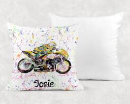 Personalised Watercolour Rainbow Motorbike Biker Cushion, Cuddle Pillow, Birthday Gift - thumbnail 1