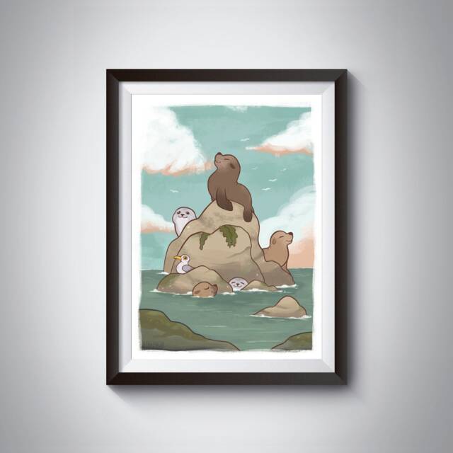 Happy Seals - A4 A6 Art Print, Mini Illustration, Animal Art, Blue Home Decor, Ocean Animal, Sea Life - image 1