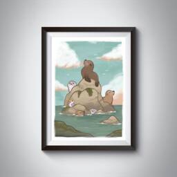 Happy Seals - A4 A6 Art Print, Mini Illustration, Animal Art, Blue Home Decor, Ocean Animal, Sea Life - thumbnail 1