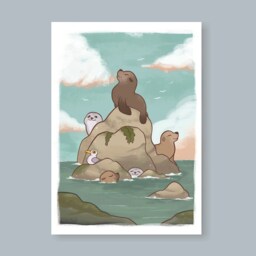 Happy Seals - A4 A6 Art Print, Mini Illustration, Animal Art, Blue Home Decor, Ocean Animal, Sea Life - thumbnail 2