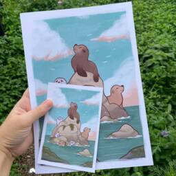 Happy Seals - A4 A6 Art Print, Mini Illustration, Animal Art, Blue Home Decor, Ocean Animal, Sea Life - thumbnail 3
