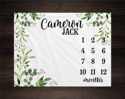Milestone Blanket Personalized Monthly Growth Tracker Custom Baby Shower Gift For New Mom Watercolor Eucalyptus Newborn Nursery Bm23 - thumbnail 1