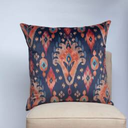 Siam Velvet Extra-Large Cushion. Terracotta & Navy Turkish Style Geometric Diamond Design. Backed With Soft Velvet. 23X23