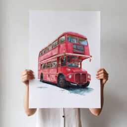 Routemaster Bus Watercolor Art Print Classic Red London Double Decker - thumbnail 3