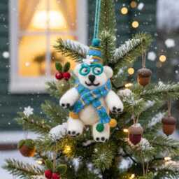 Cosmo The Polar Bear Christmas Ornament Needle Felt Handmade Wool Bauble