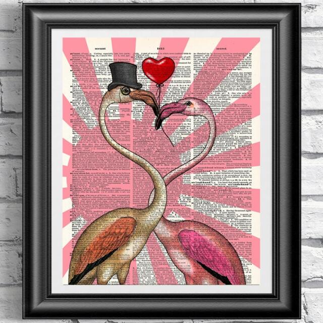 Flamingos in Love, Dictionary Art Print, Old Book Page Wall Decor On Mixed Media Antique Page. Wall Animals - image 1