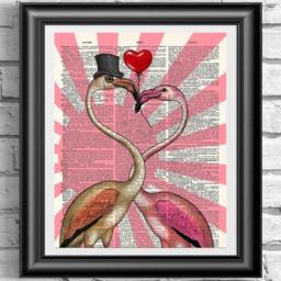 Flamingos in Love, Dictionary Art Print, Old Book Page Wall Decor On Mixed Media Antique Page. Wall Animals - thumbnail 1
