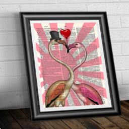 Flamingos in Love, Dictionary Art Print, Old Book Page Wall Decor On Mixed Media Antique Page. Wall Animals - thumbnail 2