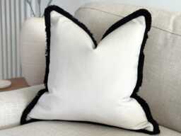 Ivory Velvet Cushion Cove With Customisable Black Fringe Custom Size + Trim Colour