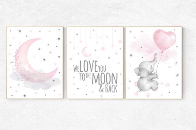 Elephant Nursery Art Print Pink Moon, Stars Decor - image 1