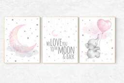 Elephant Nursery Art Print Pink Moon, Stars Decor - thumbnail 1