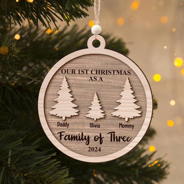 Personalized Our First Christmas Ornament, Family Of Three Baby's First 2-Layered Wooden Ornament - image 1