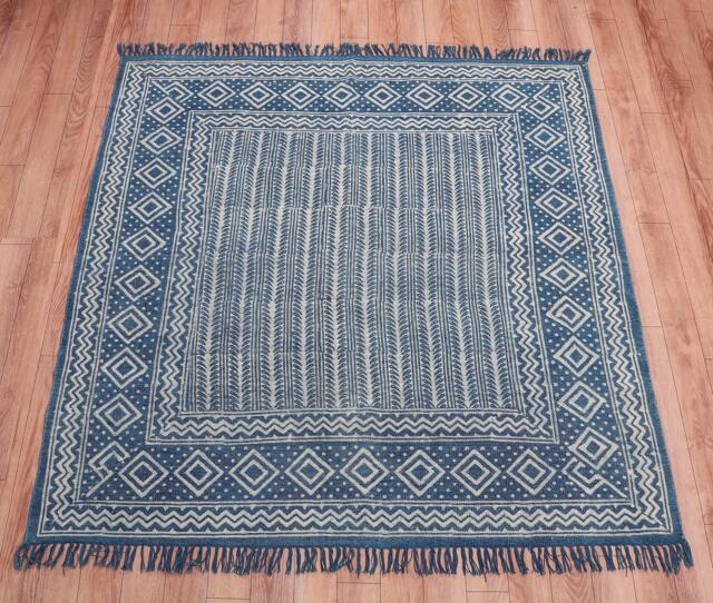 Hand Block Print Cotton Dhurrie Rug, Indian Boho Style - image 1