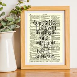 Sometimes I Believe As Many Six Impossible Things Before Breakfast Alice in Wonderland Art Print On An Upcycled 1897 Dictionary Page - thumbnail 1