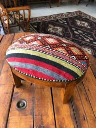 Vintage Kilim Ottoman Stool, Oval Beech Wood Foot Rest