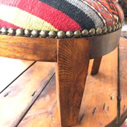 Vintage Kilim Ottoman Stool, Oval Beech Wood Foot Rest - thumbnail 2