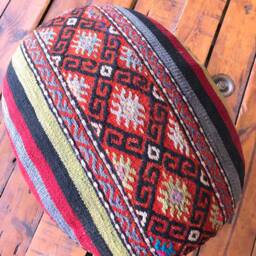 Vintage Kilim Ottoman Stool, Oval Beech Wood Foot Rest - thumbnail 3
