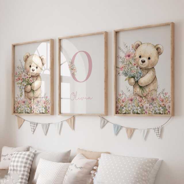 Pink Teddy Bear Personalised Set Of 3 Nursery Prints For Baby Girls Room, Girl Bedroom Prints, Decor Wall Art - image 1