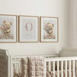 Pink Teddy Bear Personalised Set Of 3 Nursery Prints For Baby Girls Room, Girl Bedroom Prints, Decor Wall Art - thumbnail 3